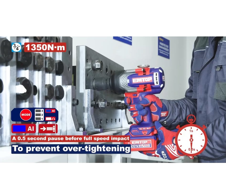 Boulonneuse à chocs compacte 1350Nm sans fil 20V EMTOP – Brushless, Carré 3/4", Batterie et chargeur vendus séparément