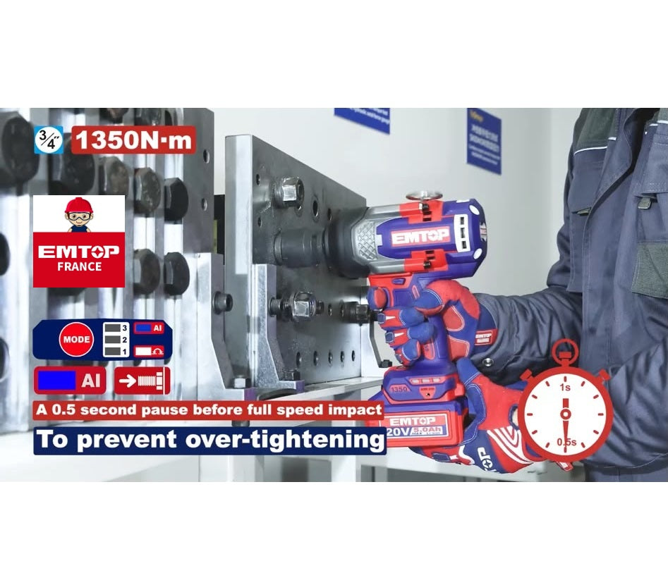 Boulonneuse à chocs compacte sans fil 20 V Brushless – 1 350 Nm – Carré 3/4" – EMTOP – Batterie et chargeur vendus séparément