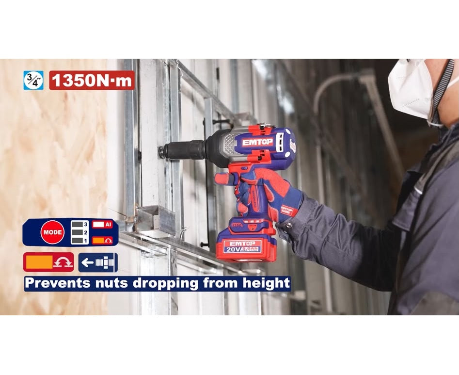 Boulonneuse à chocs compacte 1350Nm sans fil 20V EMTOP – Brushless, Carré 3/4", Batterie et chargeur vendus séparément
