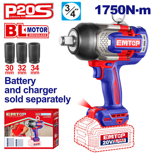 Boulonneuse à chocs compacte 1750Nm sans fil 20V EMTOP – Brushless, Carré 3/4", avec 3 Douilles, Batterie et chargeur vendus séparément