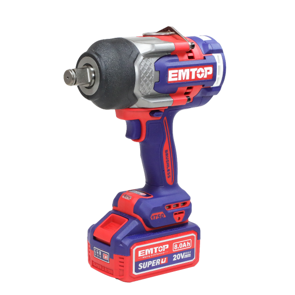 Boulonneuse à chocs compacte 1750Nm sans fil 20V EMTOP – Brushless, Carré 3/4", avec 3 Douilles, Batterie et chargeur vendus séparément