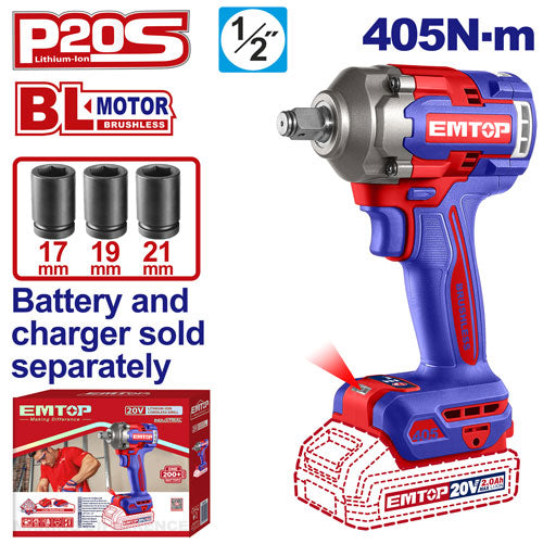 Boulonneuse à chocs compacte 405Nm sans fil 20V EMTOP – Brushless, carré 1/2", Batterie et chargeur vendus séparément