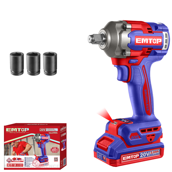 Boulonneuse à chocs compacte 405Nm sans fil 20V EMTOP – Brushless, carré 1/2", Batterie et chargeur vendus séparément