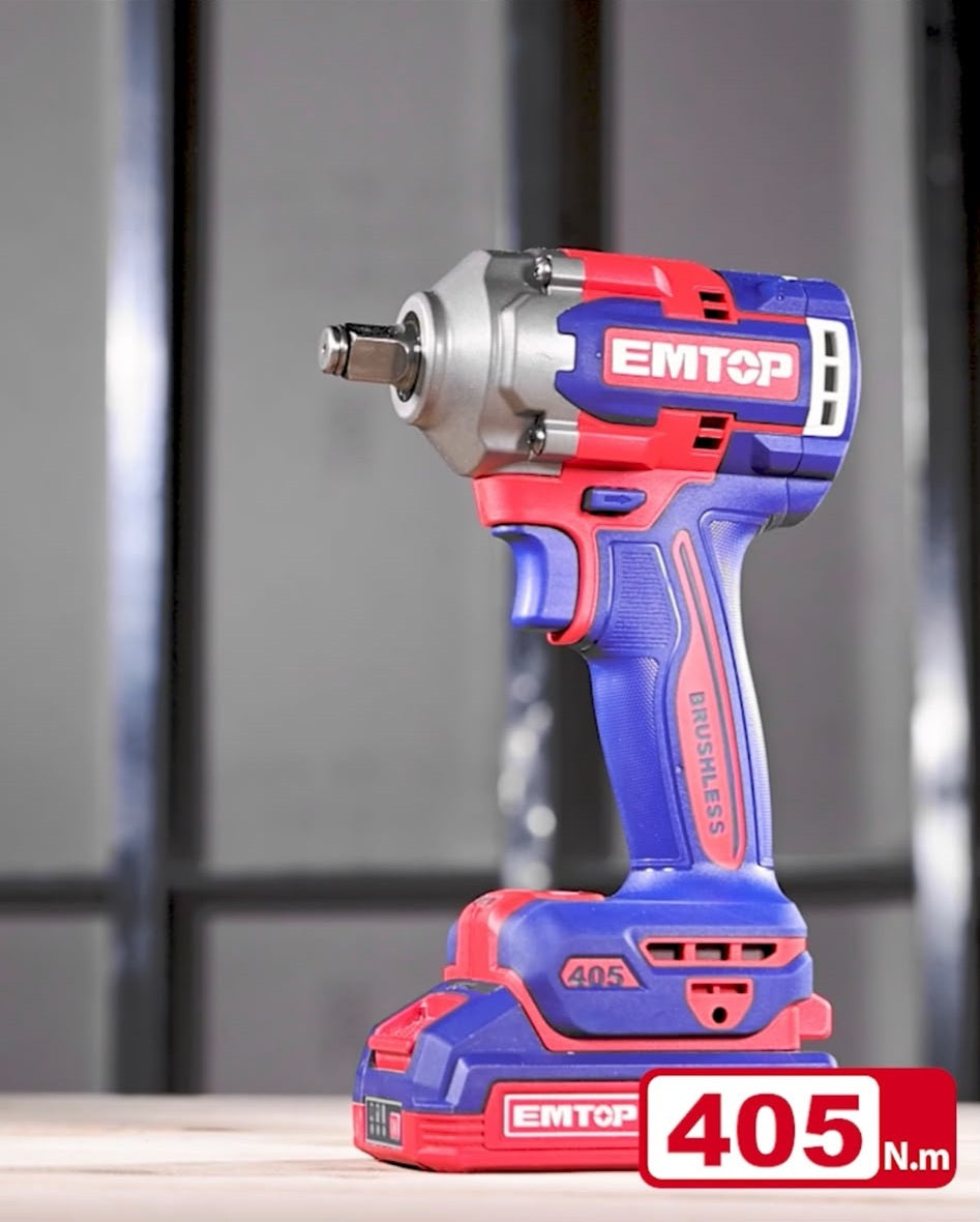 Boulonneuse à chocs compacte 405Nm sans fil 20V EMTOP – Brushless, carré 1/2", Batterie et chargeur vendus séparément