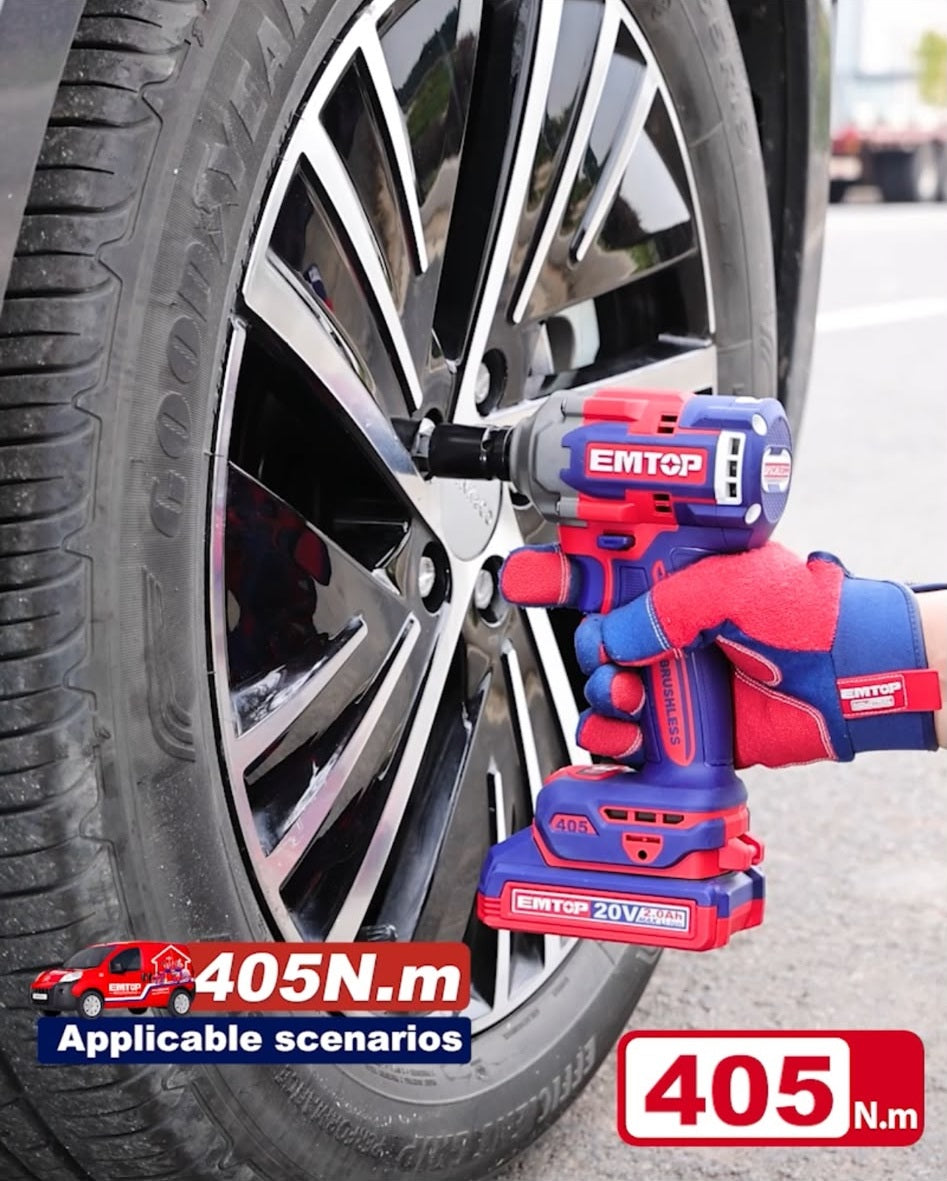 Boulonneuse à chocs compacte 405Nm sans fil 20V EMTOP – Brushless, carré 1/2", Batterie et chargeur vendus séparément