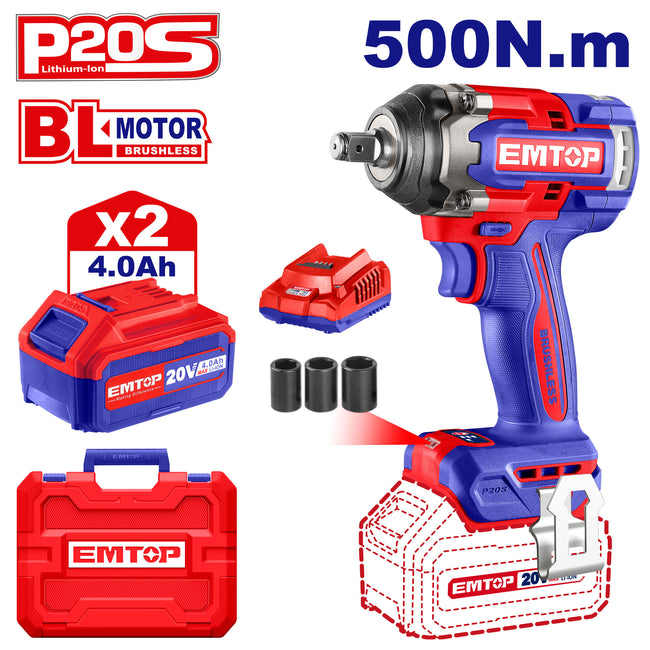 Boulonneuse à chocs compacte 500Nm sans fil 20V EMTOP avec 2 batteries 4.0Ah + 1 chargeur + 3 douilles 21, 22, 24 mm Hover Image