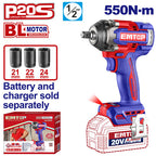 Boulonneuse à chocs compacte 550Nm sans fil 20V EMTOP – Brushless, 1/2", avec 3 Douilles, Batterie et chargeur vendus séparément