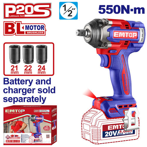 Boulonneuse à chocs compacte 550Nm sans fil 20V EMTOP – Brushless, 1/2", avec 3 Douilles, Batterie et chargeur vendus séparément