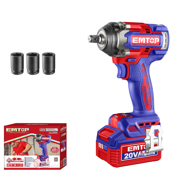 Boulonneuse à chocs compacte 550Nm sans fil 20V EMTOP – Brushless, 1/2", avec 3 Douilles, Batterie et chargeur vendus séparément