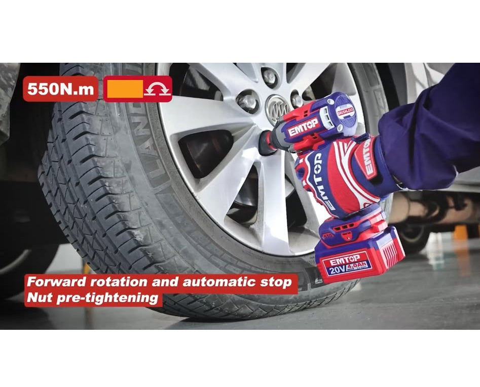 Boulonneuse à chocs compacte 550Nm sans fil 20V EMTOP – Brushless, 1/2", avec 3 Douilles, Batterie et chargeur vendus séparément