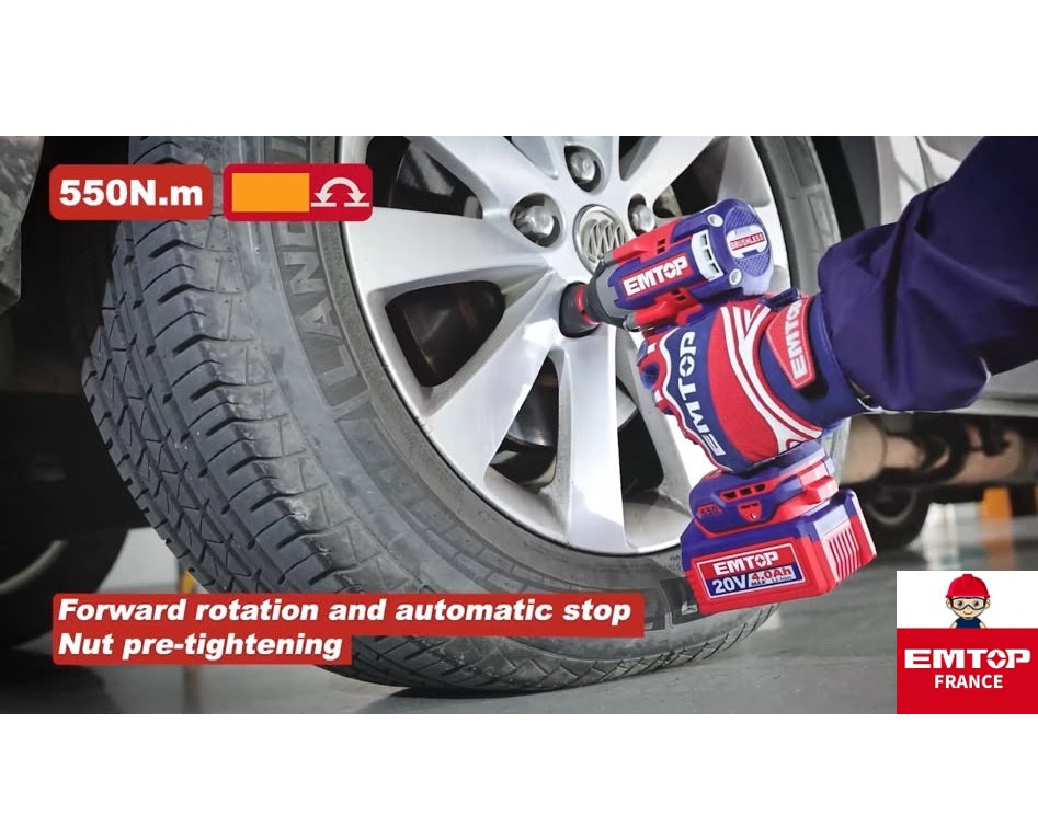 Boulonneuse à chocs sans fil 20 V Brushless – 1 350 Nm – Carré 3/4″ – EMTOP – Batterie et chargeur vendus séparément