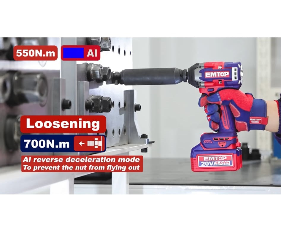 Boulonneuse à chocs compacte 550Nm sans fil 20V EMTOP – Brushless, 1/2", avec 3 Douilles, Batterie et chargeur vendus séparément