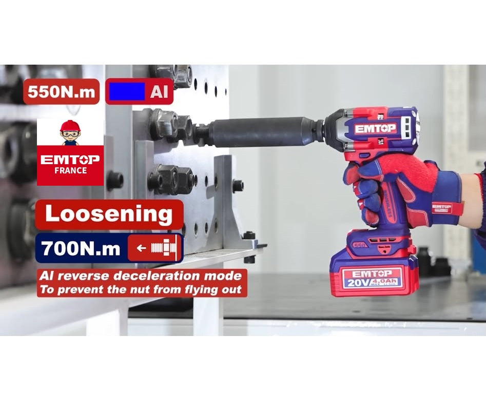 Boulonneuse à chocs sans fil 20 V Brushless – 1 350 Nm – Carré 3/4″ – EMTOP – Batterie et chargeur vendus séparément