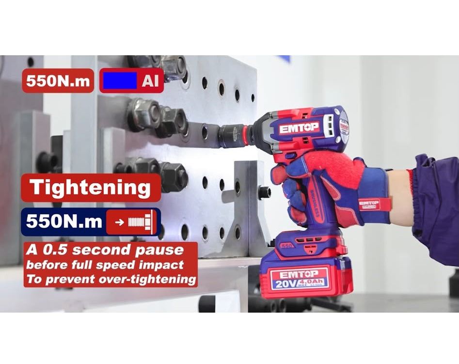 Boulonneuse à chocs compacte 550Nm sans fil 20V EMTOP – Brushless, 1/2", avec 3 Douilles, Batterie et chargeur vendus séparément