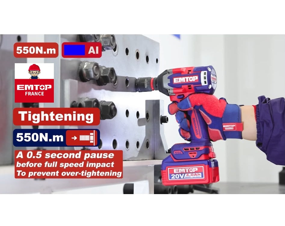 Boulonneuse à chocs sans fil 20 V Brushless – 1 350 Nm – Carré 3/4″ – EMTOP – Batterie et chargeur vendus séparément