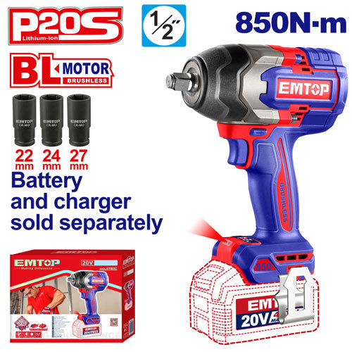 Boulonneuse à chocs compacte 850Nm sans fil 20V EMTOP – Brushless, 1/2", avec 3 Douilles Profondes, Batterie et chargeur vendus séparément