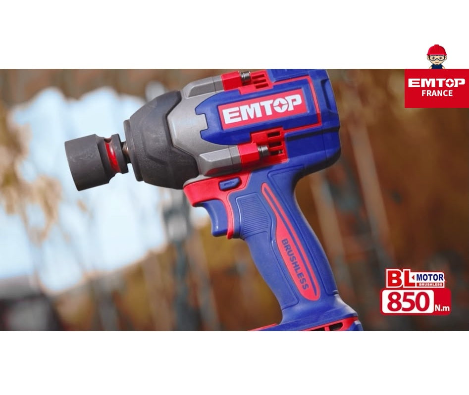 Boulonneuse à chocs compacte sans fil 20 V – 850 Nm EMTOP – Brushless, 1/2", avec 3 Douilles Profondes, Batterie et chargeur vendus séparément