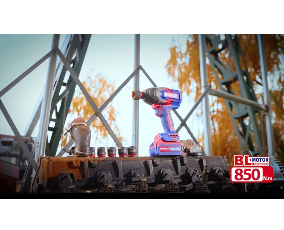 Boulonneuse à chocs compacte 850Nm sans fil 20V EMTOP – Brushless, 1/2", avec 3 Douilles Profondes, Batterie et chargeur vendus séparément