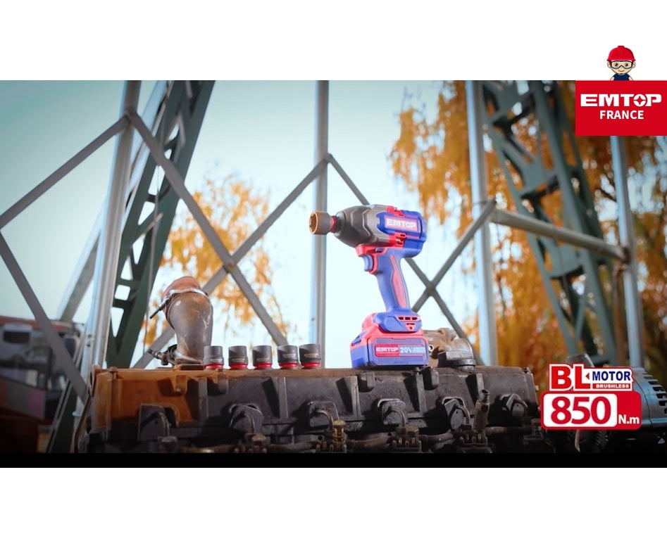 Boulonneuse à chocs compacte sans fil 20 V – 850 Nm EMTOP – Brushless, 1/2", avec 3 Douilles Profondes, Batterie et chargeur vendus séparément