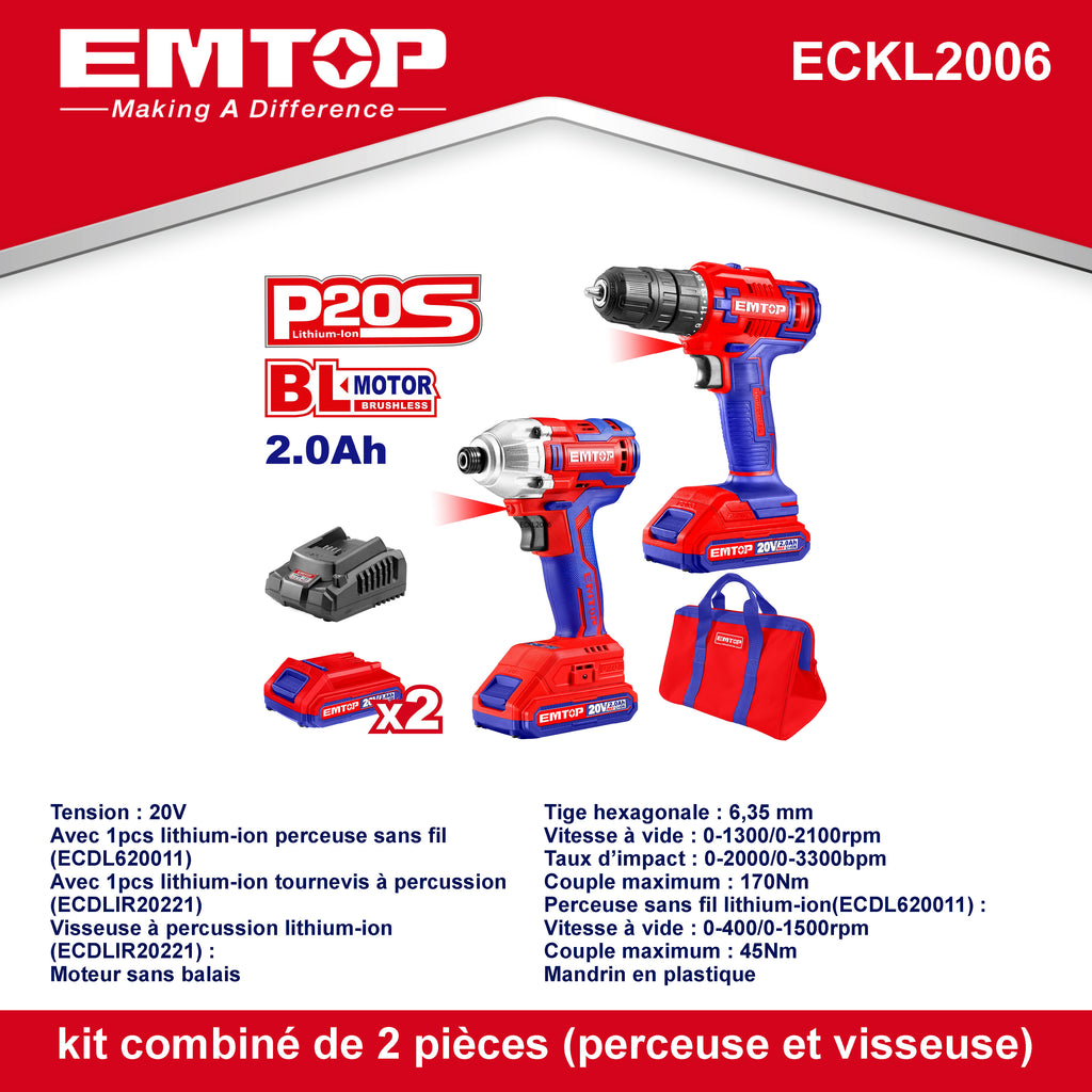 Combo kit perceuse visseuse 45Nm + visseuse à chocs 170Nm sans fil 20V EMTOP 1 chargeur + 2 Batteries 2.0Ah