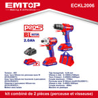 Combo kit perceuse visseuse 45Nm + visseuse à chocs 170Nm sans fil 20V EMTOP 1 chargeur + 2 Batteries 2.0Ah