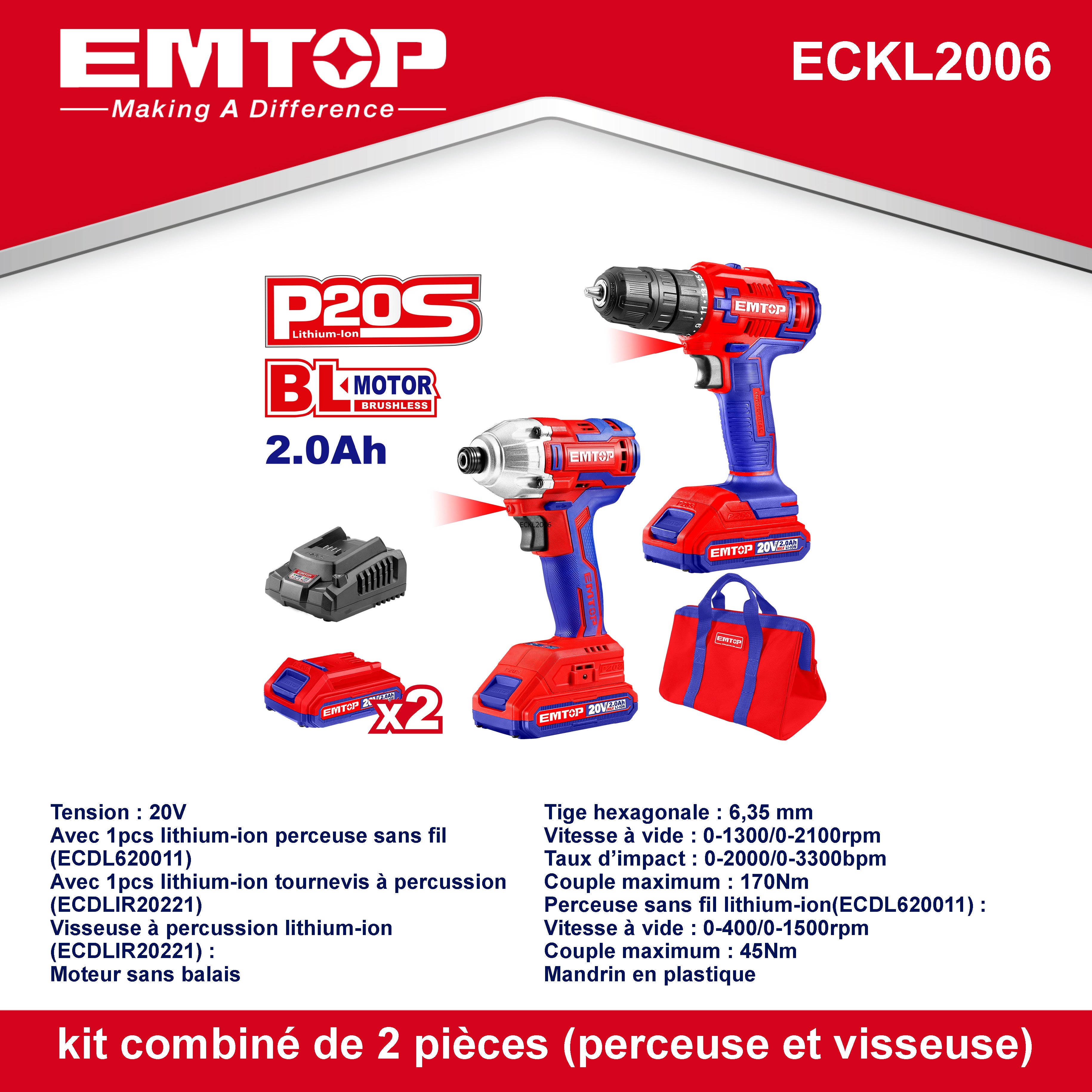 Combo kit perceuse visseuse 45Nm + visseuse à chocs 170Nm sans fil 20V EMTOP 1 chargeur + 2 Batteries 2.0Ah