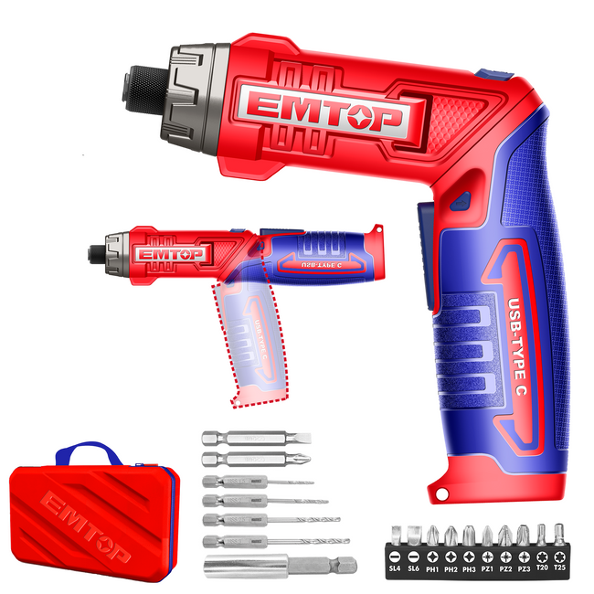 Visseuse et tournevis électrique EMTOP sans fil 8V rechargeable USB type-C vendu sans chargeur 6Nm 17 accessoires + Sac Hover Image