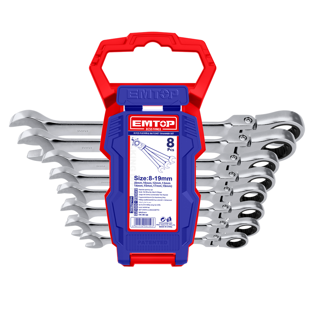 Jeu de 8 clés mixtes à cliquet articulées EMTOP