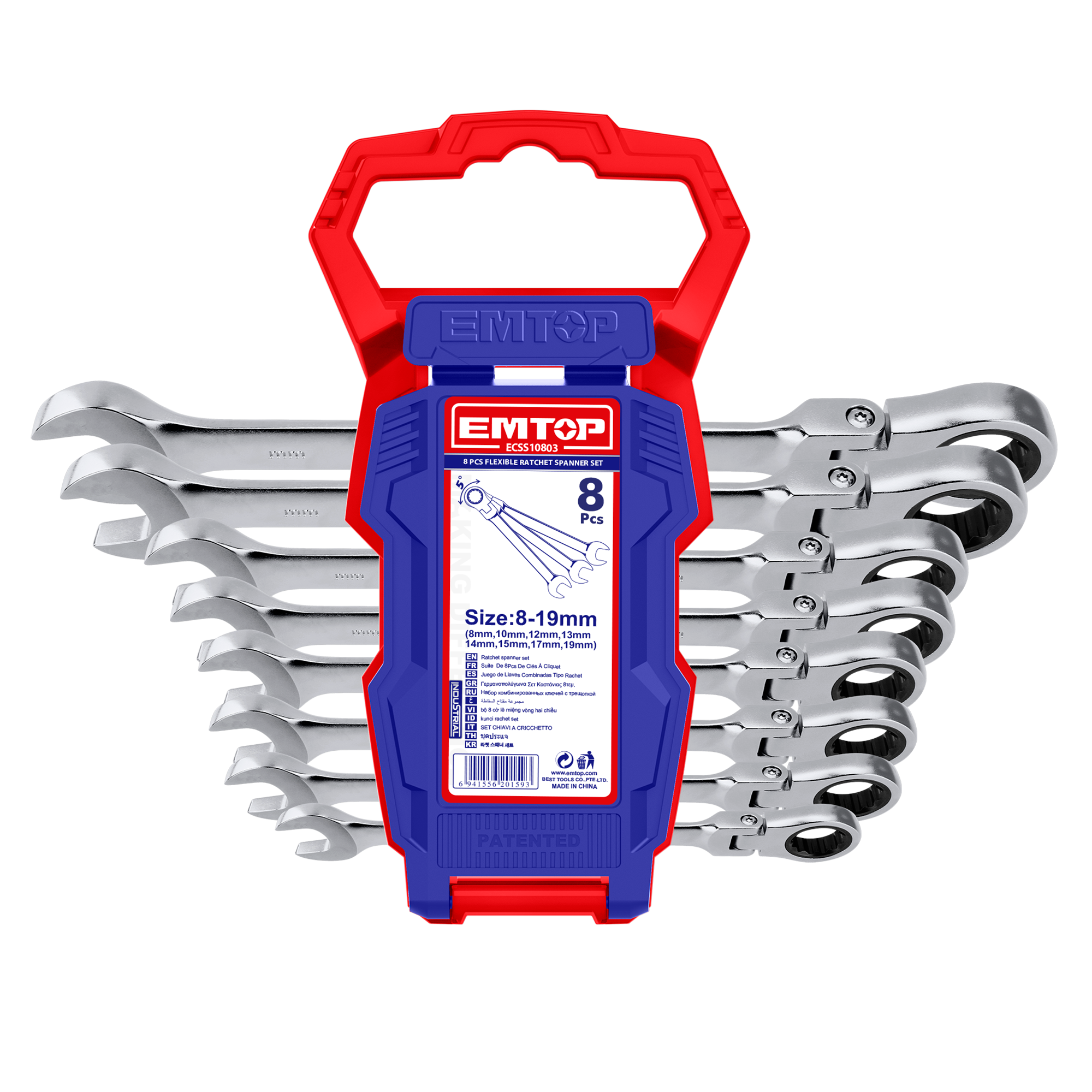 Jeu de 8 clés mixtes à cliquet articulées EMTOP