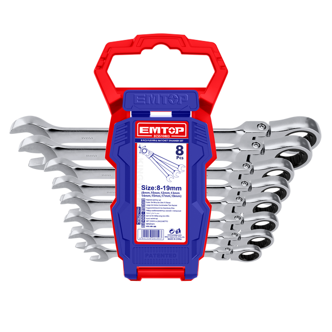 Jeu de 8 clés mixtes à cliquet articulées EMTOP Main Image