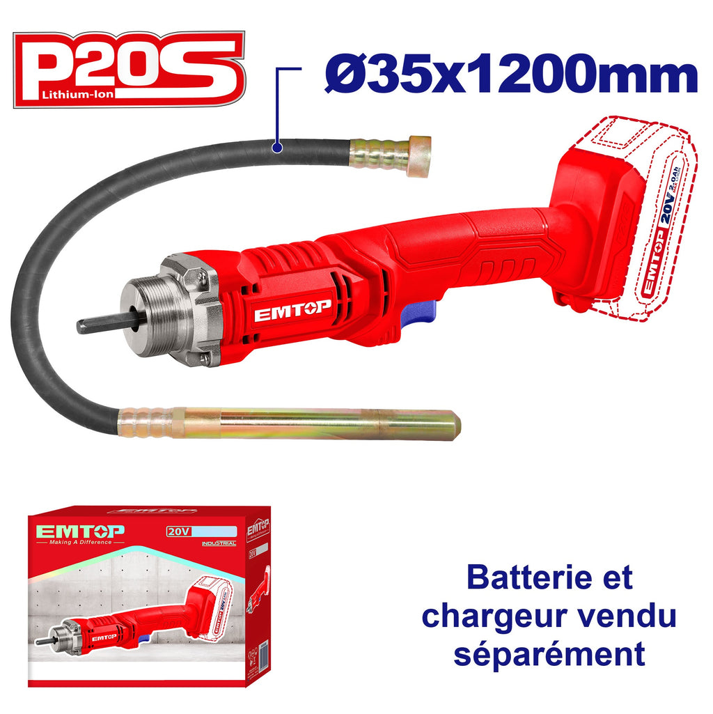 Vibreur à béton sans fil 20V EMTOP Batterie et chargeur vendus séparément