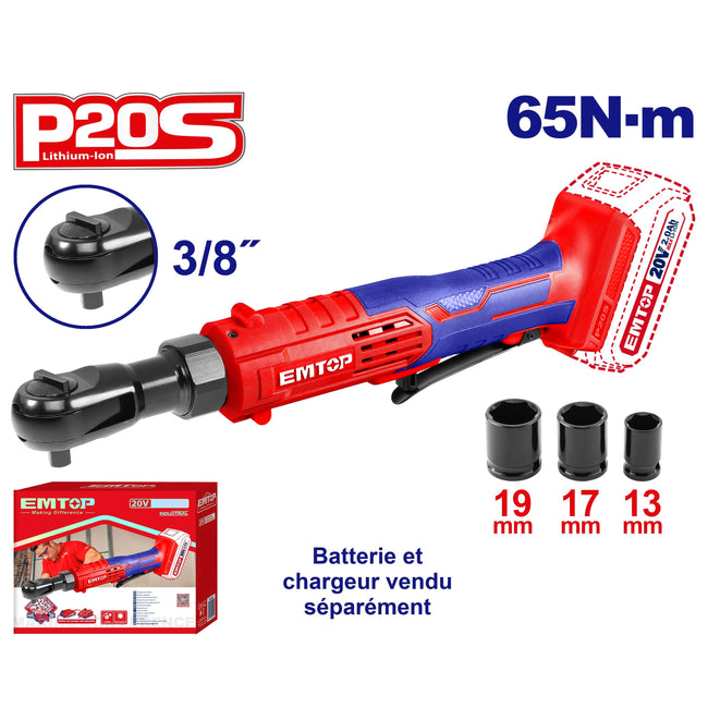 Clé à Cliquet sans fil 20V 65Nm 3/8" EMTOP Batterie et chargeur vendus séparément Hover Image
