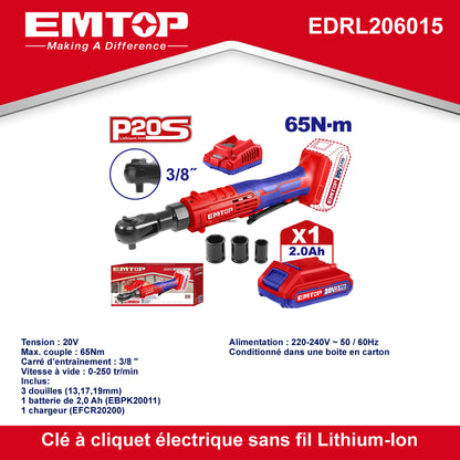 Clé à cliquet sans fil EMTOP 20V - 65Nm - 3/8 - avec 1 chargeur + 1 Batterie Lithium-ion 2.0Ah + 3 douilles