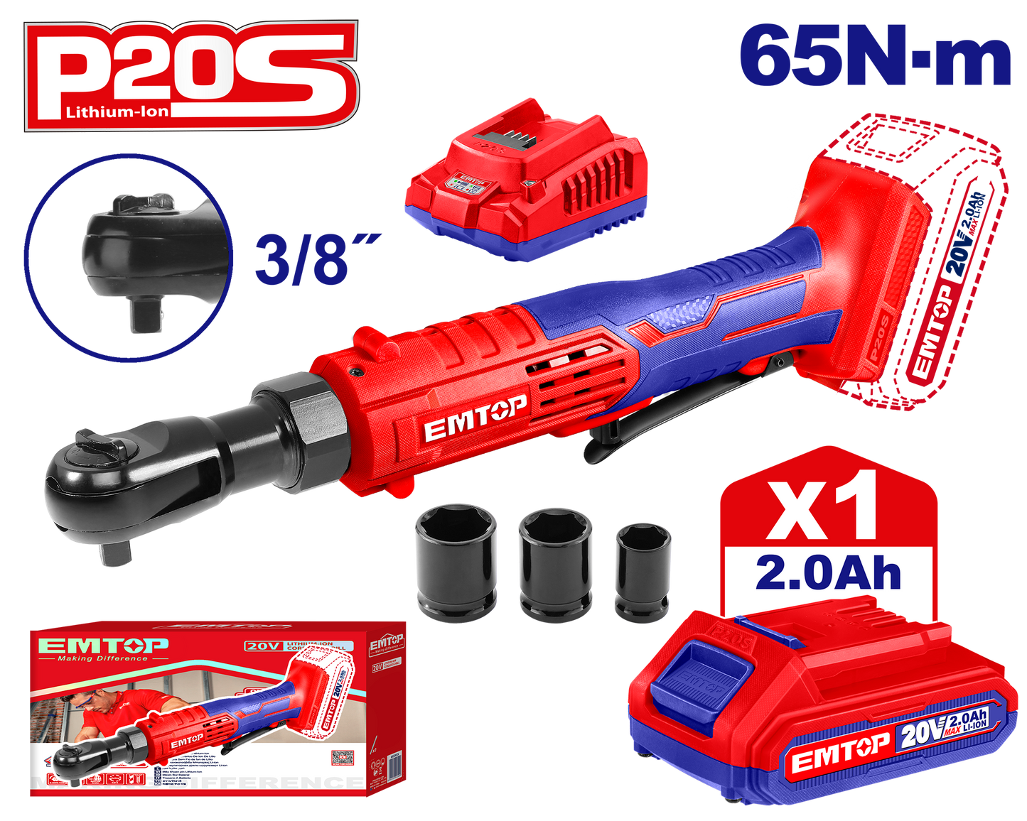 Clé à cliquet sans fil EMTOP 20V - 65Nm - 3/8 - avec 1 chargeur + 1 Batterie Lithium-ion 2.0Ah + 3 douilles