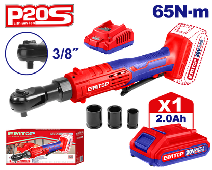 Clé à cliquet sans fil EMTOP 20V - 65Nm - 3/8 - avec 1 chargeur + 1 Batterie Lithium-ion 2.0Ah + 3 douilles