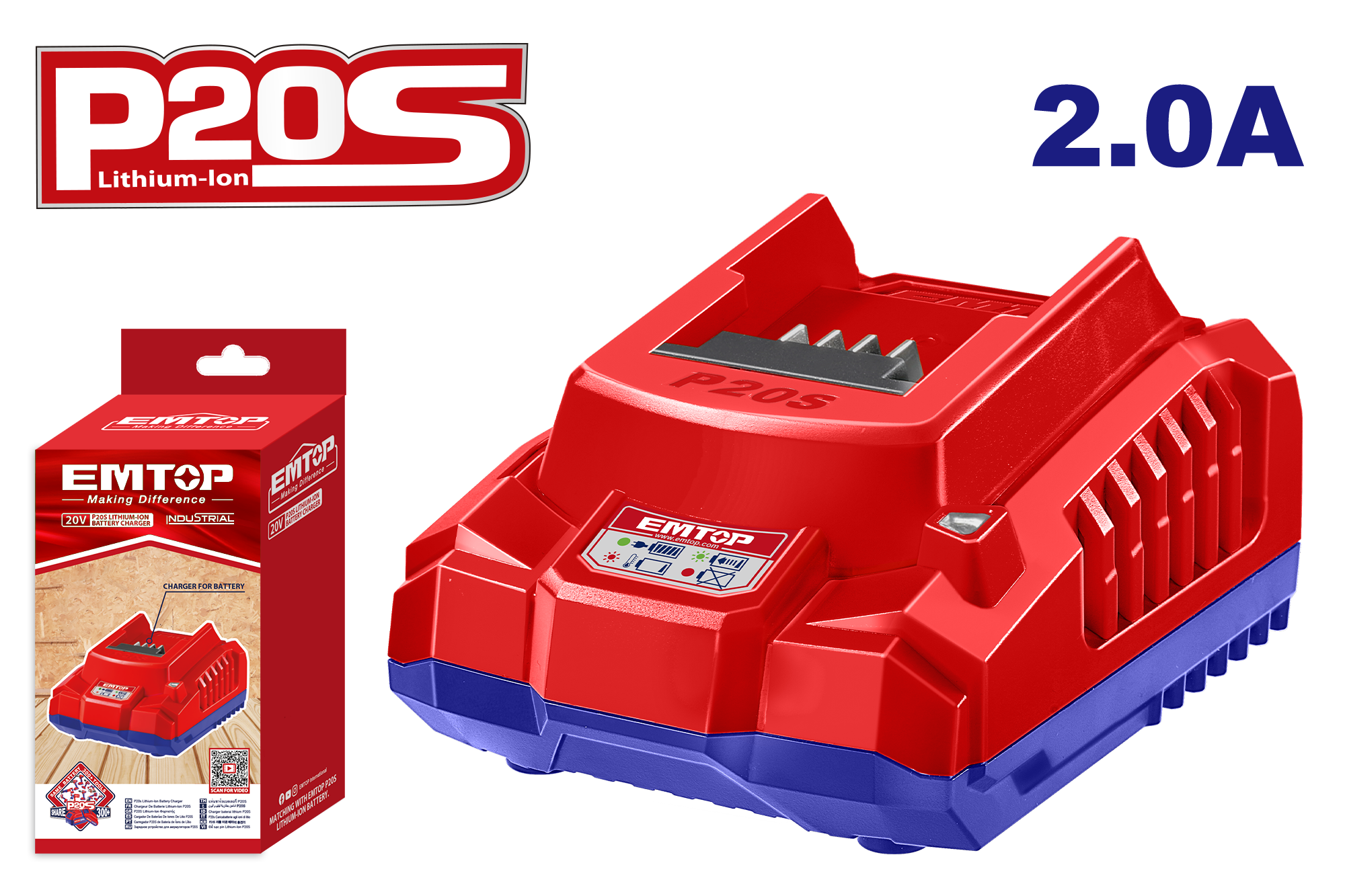 Chargeur de batterie lithium-ion 2.0Ah EMTOP 20V