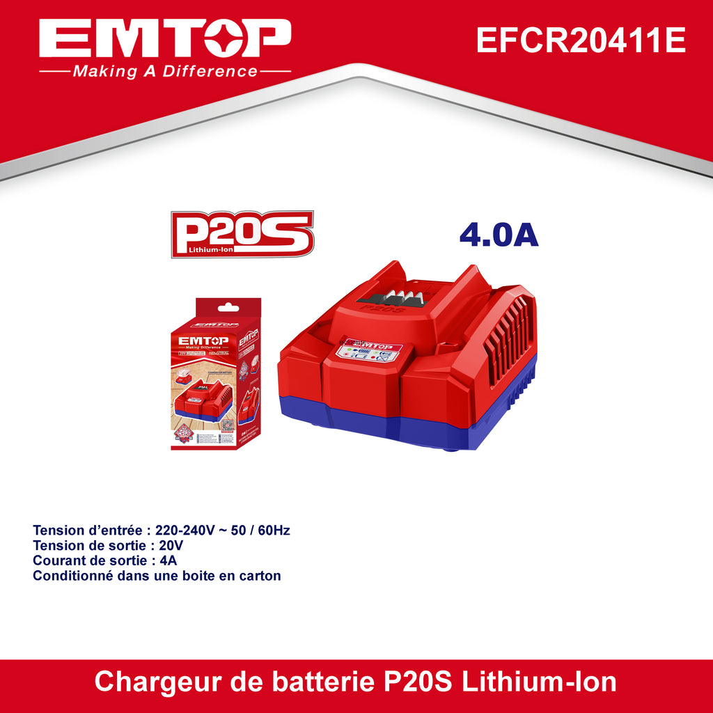 Chargeur de batterie au Lithium-Ion 4.0Ah EMTOP 20V