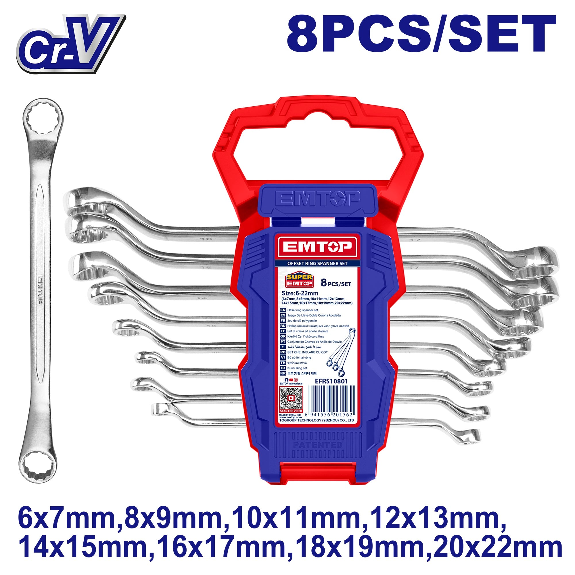 Jeu de 8 clés polygonales doubles anneau contre coudé EMTOP