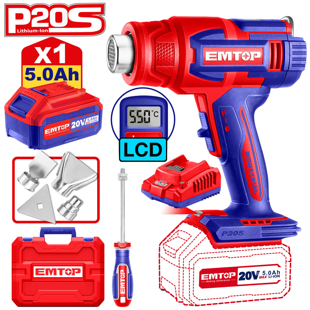 Décapeur thermique professionnel avec Écran LCD sans fil 20V EMTOP 1 batterie 5.0Ah et 1 chargeur