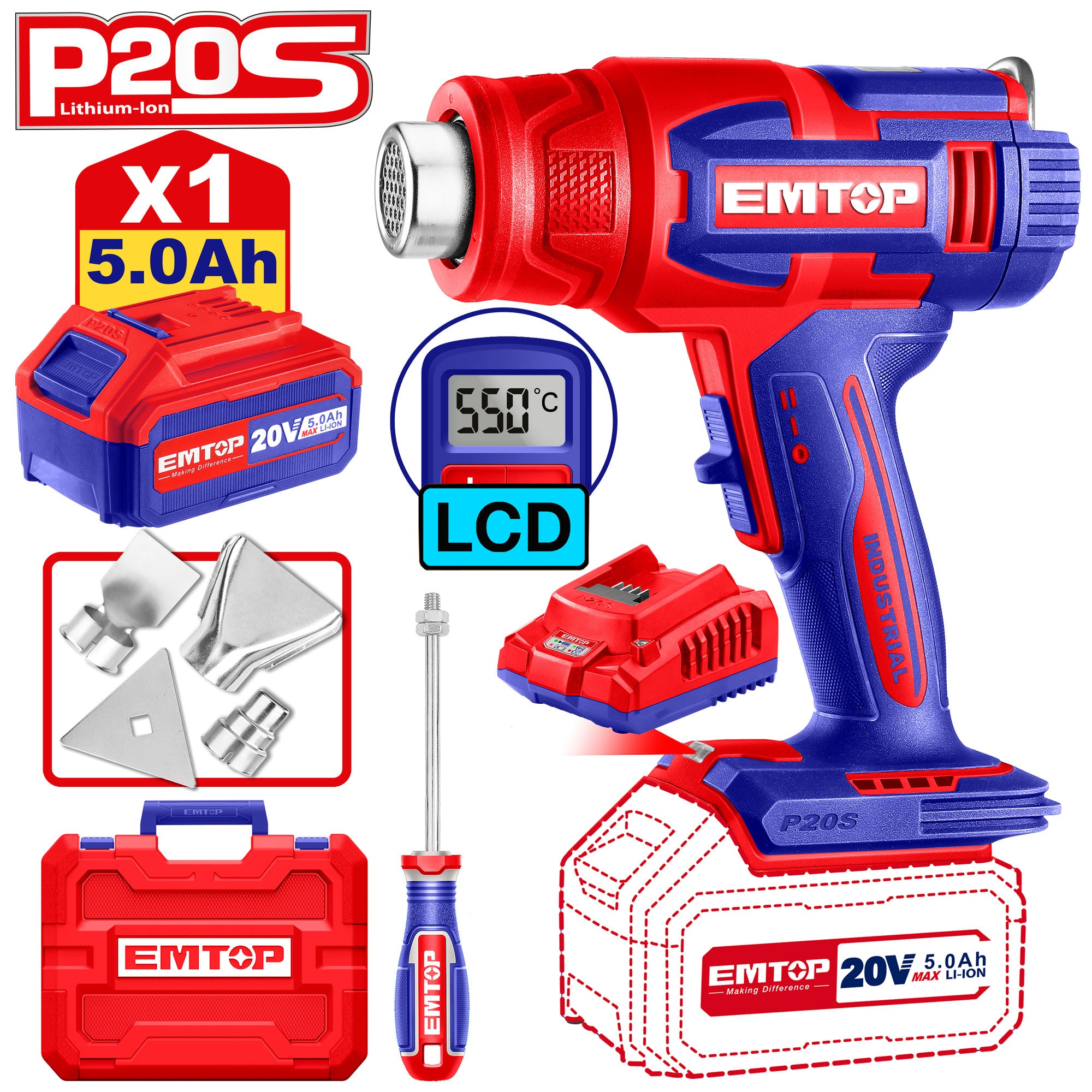 Décapeur thermique professionnel avec Écran LCD sans fil 20V EMTOP 1 batterie 5.0Ah et 1 chargeur