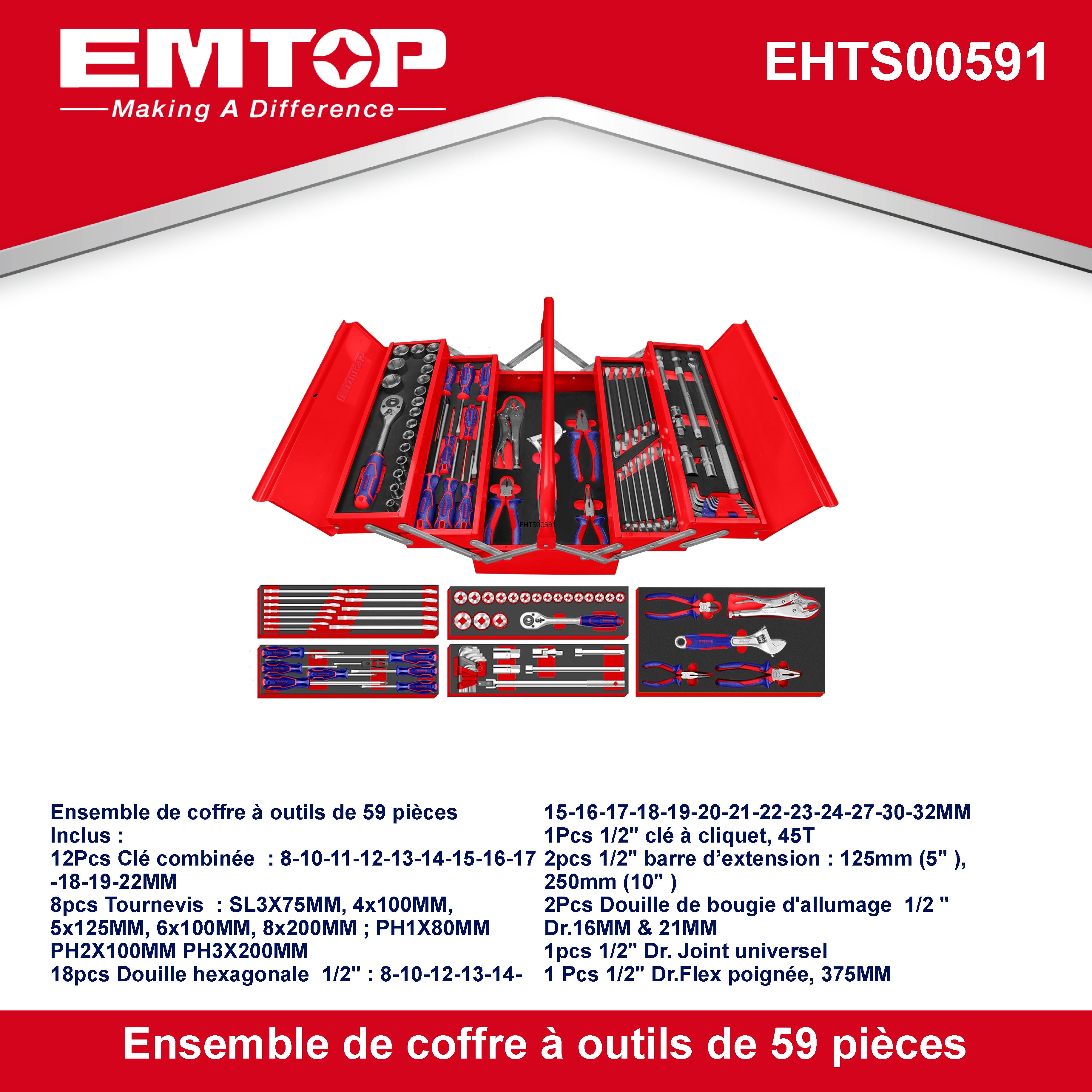Caisse à outils complète en métallique avec 59 pièces EMTOP
