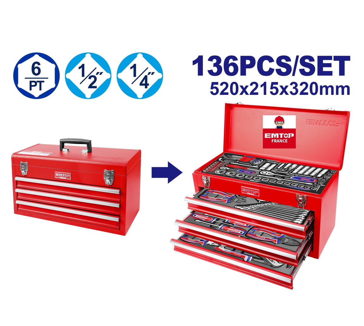 Coffre à outils de mécanicien métallique 3 tiroirs – 136 pièces – EMTOP