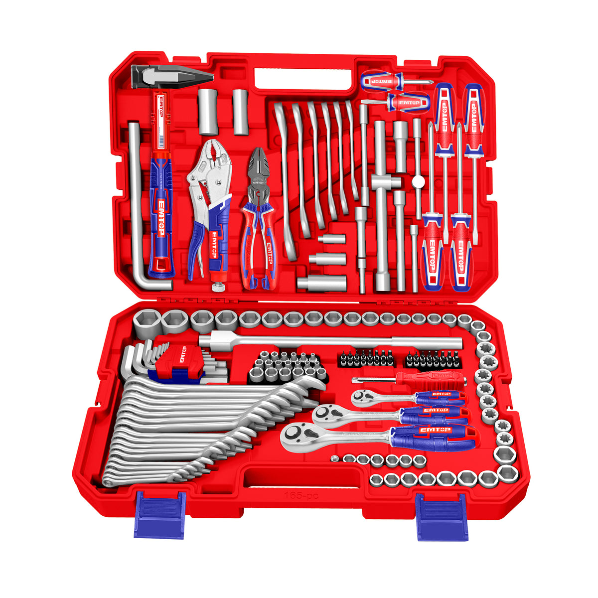 Coffret d’outillage de mécanicien 165 pièces – 1/4″, 3/8″ et 1/2″ – Cliquets 72 dents – EMTOP