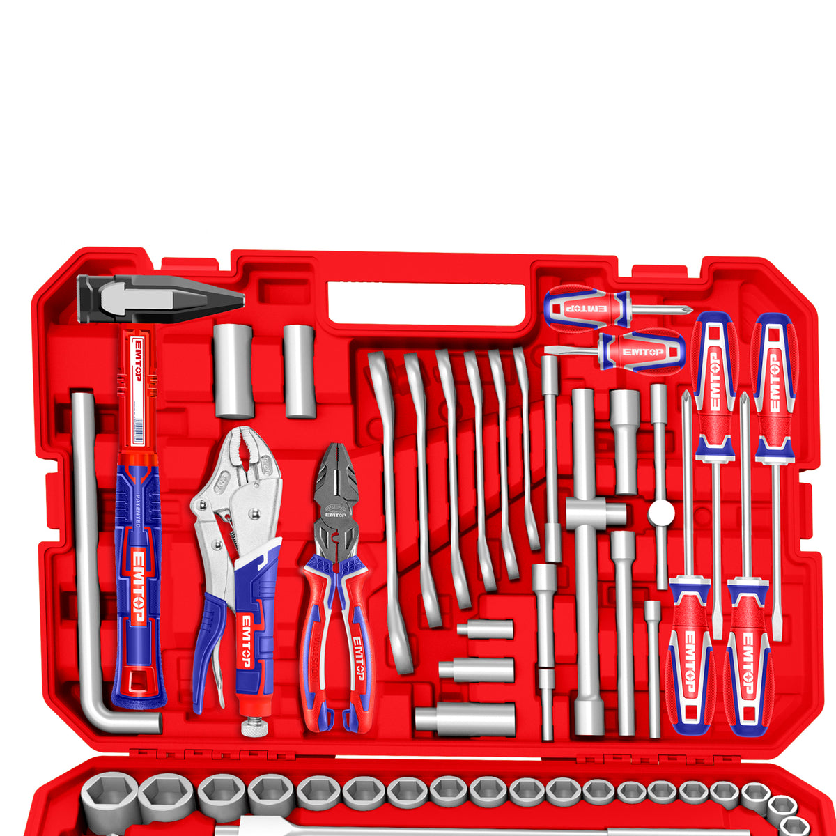 Coffret d’outillage de mécanicien 165 pièces – 1/4″, 3/8″ et 1/2″ – Cliquets 72 dents – EMTOP