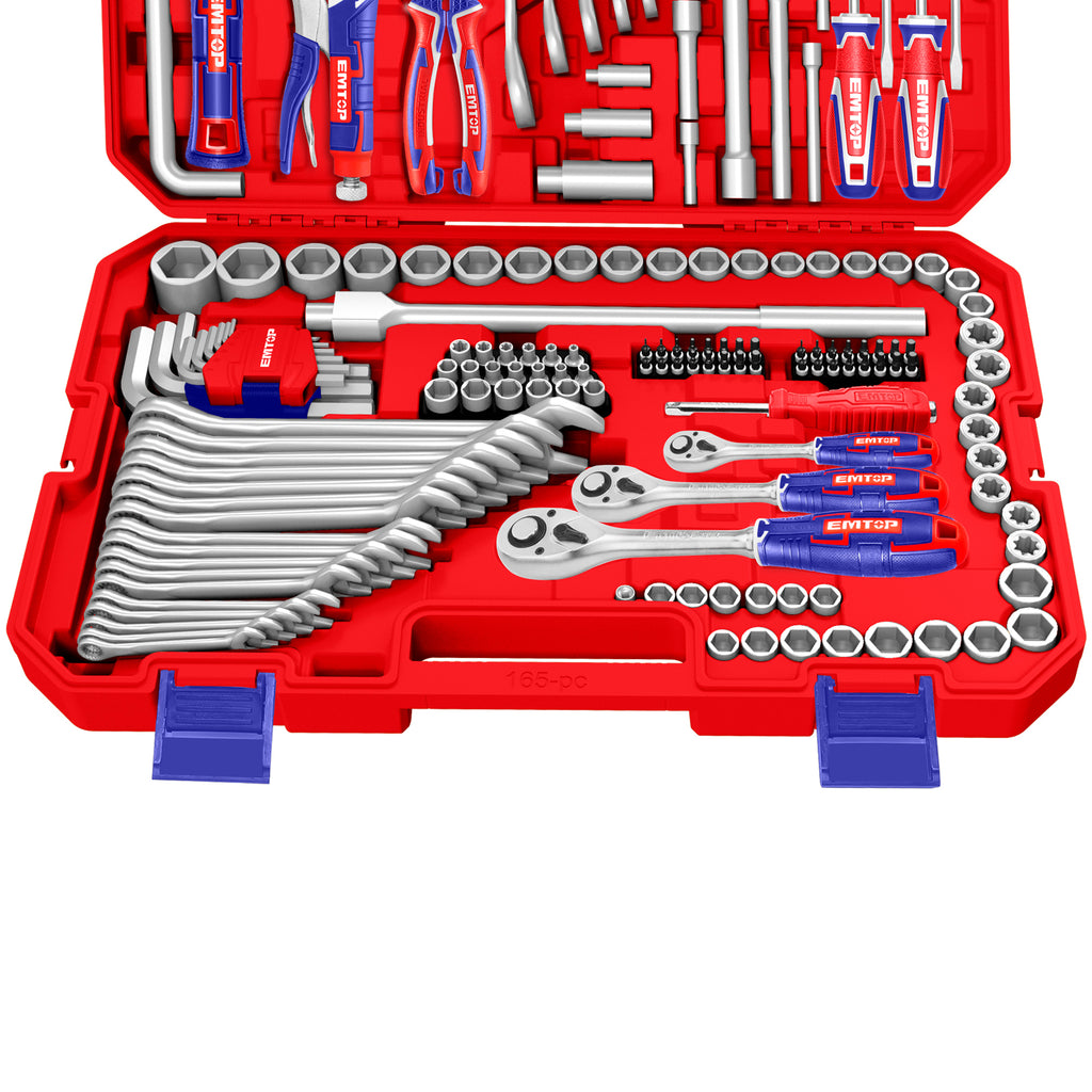 Coffret d’outillage de mécanicien 165 pièces – 1/4″, 3/8″ et 1/2″ – Cliquets 72 dents – EMTOP