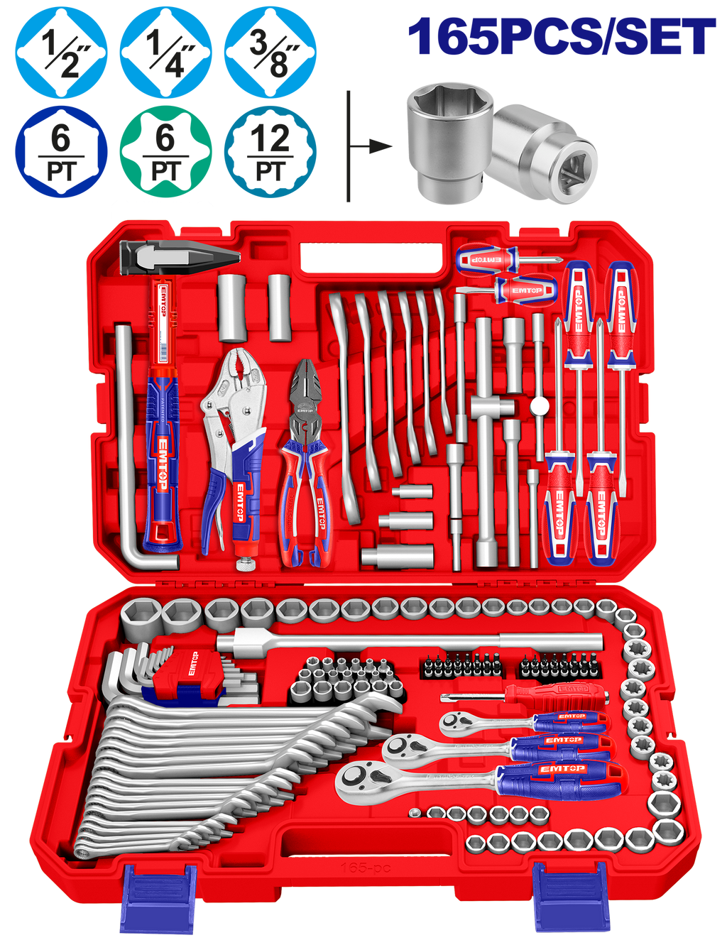 Coffret d’outillage de mécanicien 165 pièces – 1/4″, 3/8″ et 1/2″ – Cliquets 72 dents – EMTOP