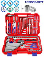 Coffret d’outillage de mécanicien 165 pièces – 1/4″, 3/8″ et 1/2″ – Cliquets 72 dents – EMTOP