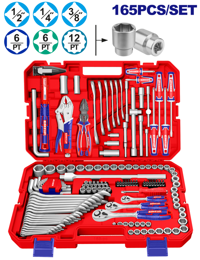Coffret d’outillage de mécanicien 165 pièces – 1/4″, 3/8″ et 1/2″ – Cliquets 72 dents – EMTOP Hover Image