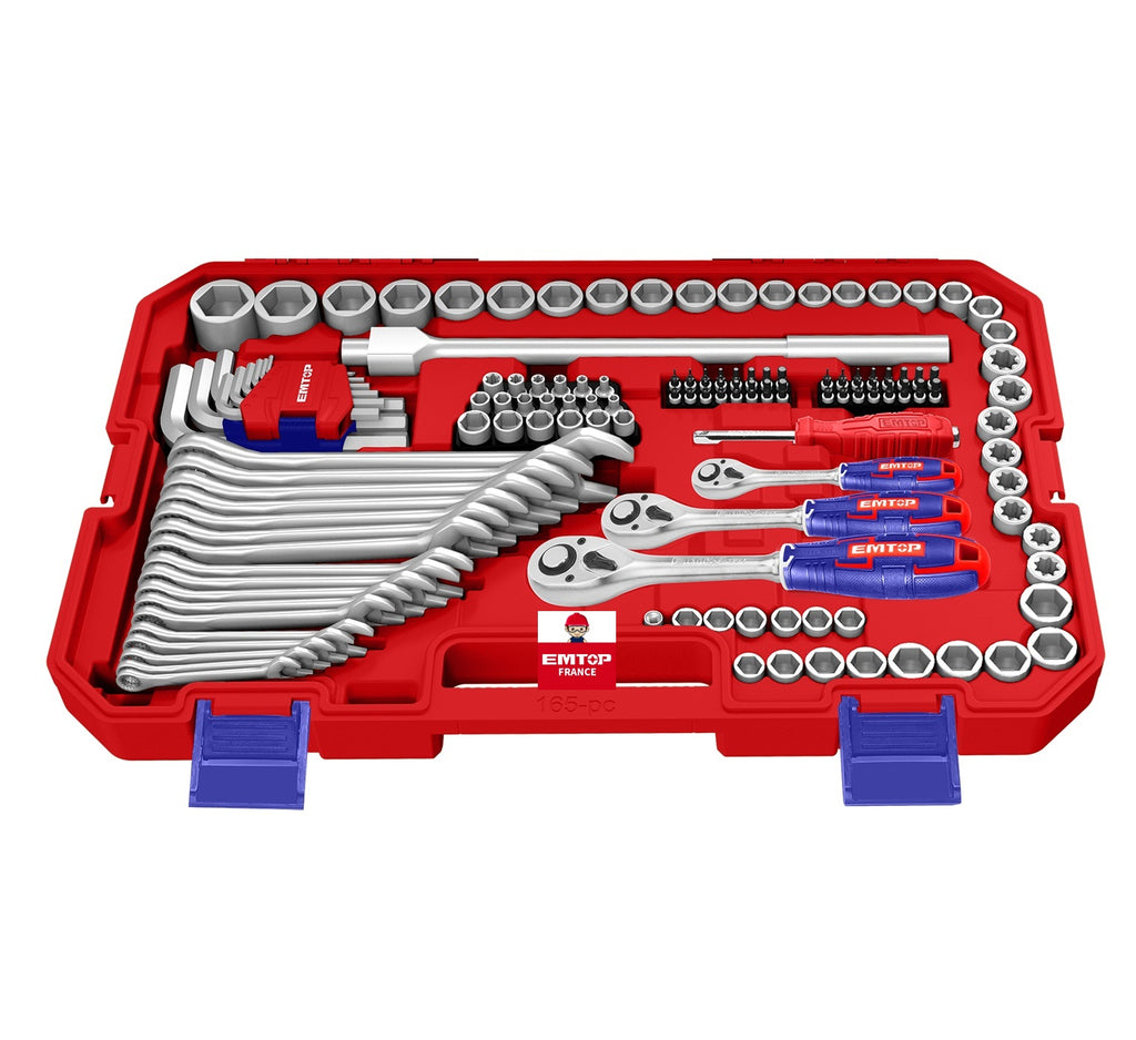 Coffret d’outillage de mécanicien 165 pièces – 1/4″, 3/8″ et 1/2″ – Cliquets 72 dents – EMTOP