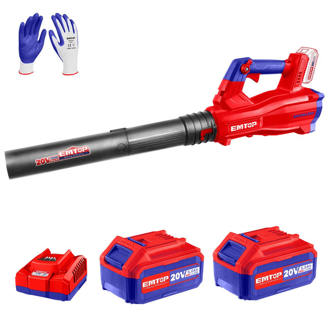 Souffleur à batterie 20V EMTOP Moteur brushless avec 1 chargeur + 2 batteries 4.0Ah + Gant picots PVC Hover Image